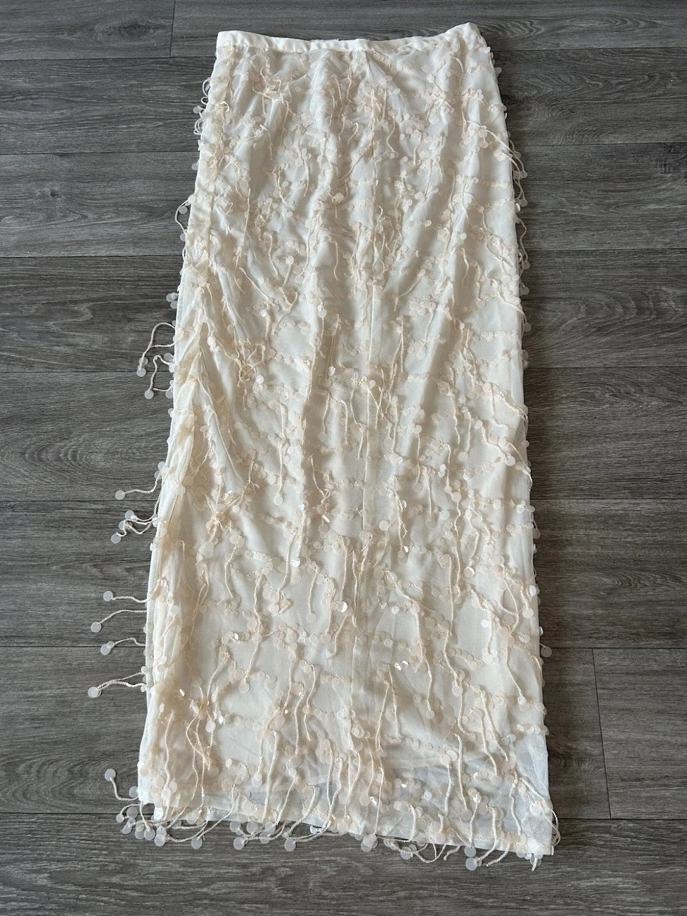 Ivory Beaded Fringe Maxi Skirt M Sequin Embellished Sheer Mesh NWT